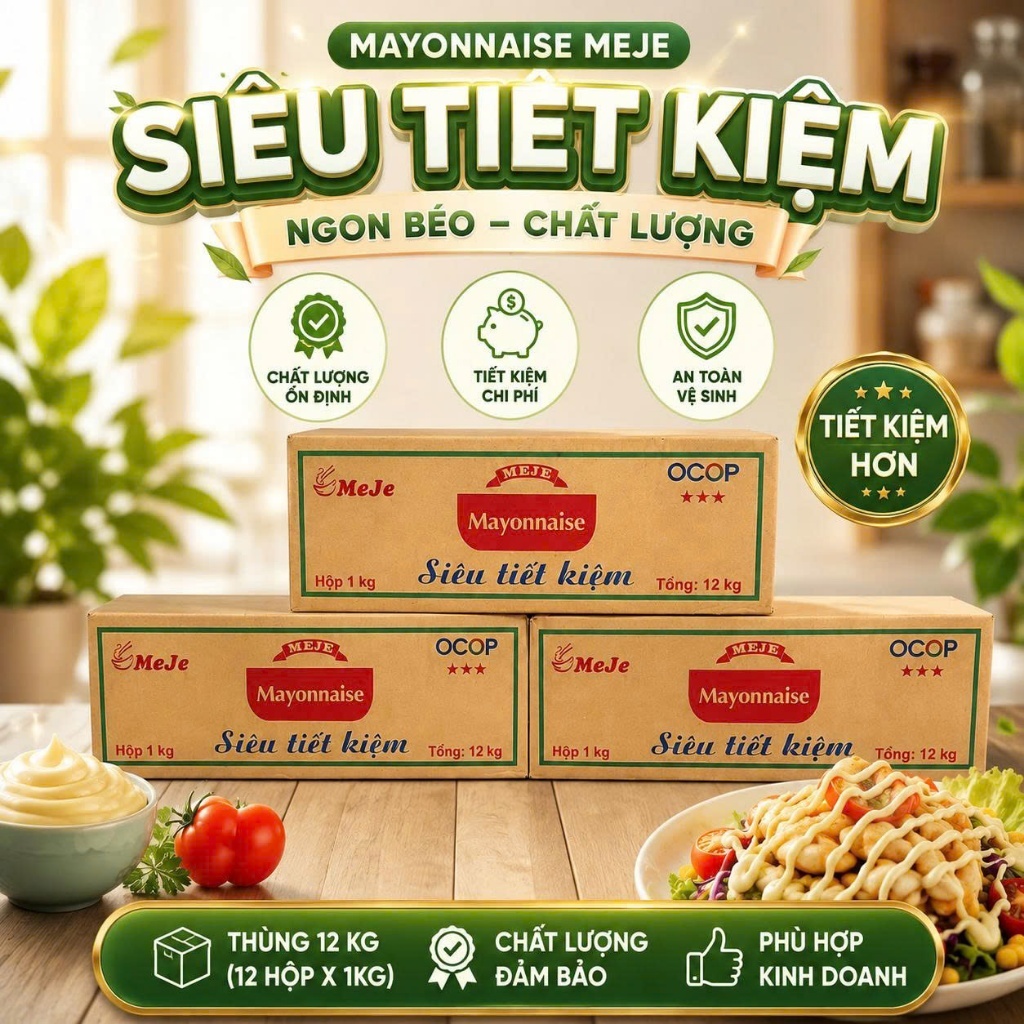 (Hỏa Tốc) Mayonnaise MeJe Thùng 12kg – 12 Hộp x 1kg – Sốt Mayonnaise Siêu Tiết Kiệm