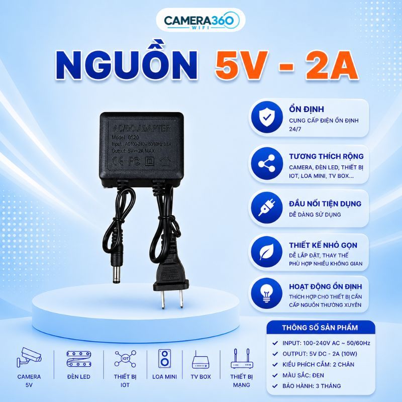 Nguồn Camera YooSee 5V 2A Chống Nhiễu Ổn Định Điện Áp Dùng Cho Camera An Ninh, Đèn LED, Thiết Bị Điệ
