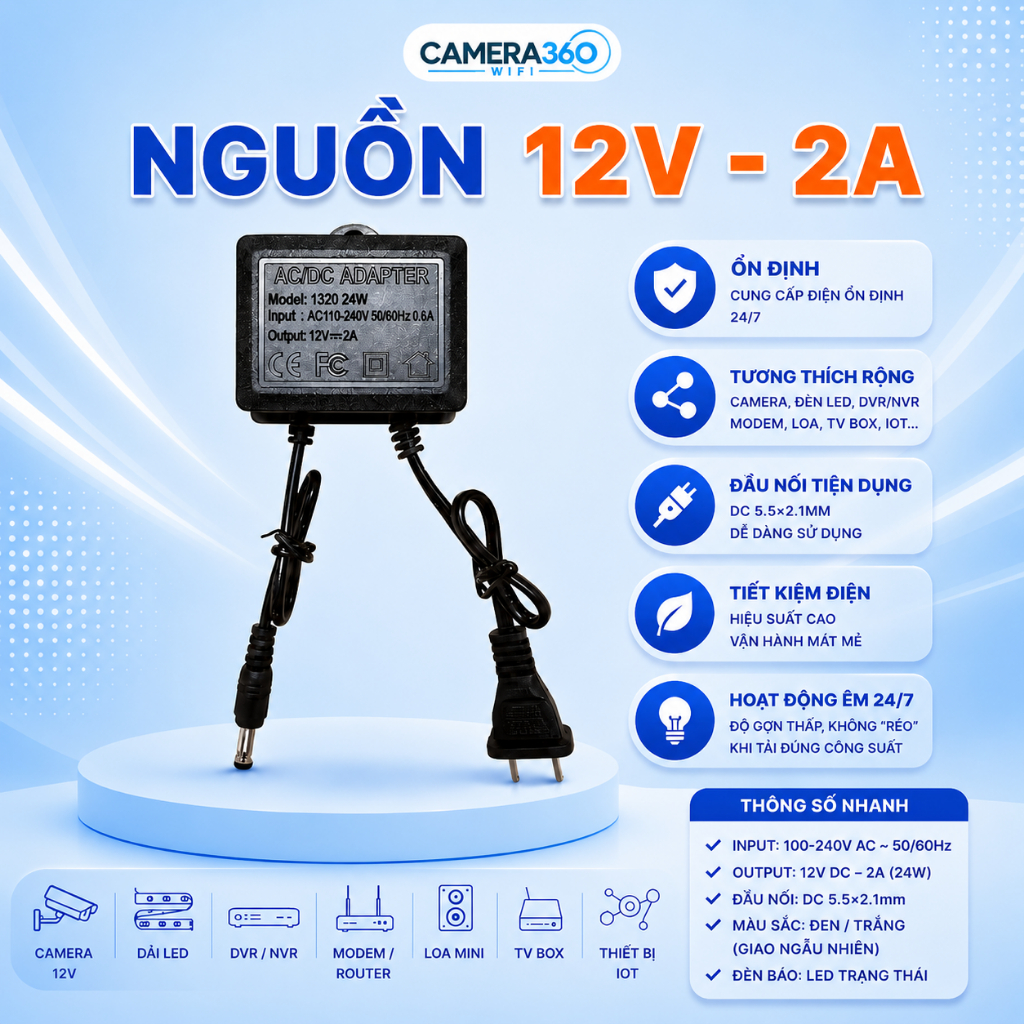 Nguồn Camera YooSee 12V 2A Chống Nhiễu Ổn Định Điện Áp Dùng Cho Camera An Ninh, Đèn LED, Thiết Bị Đi