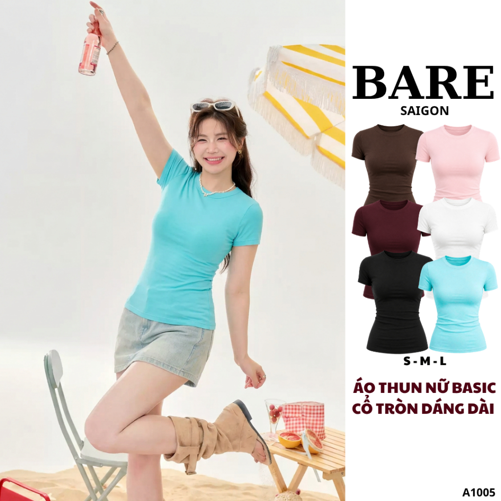 BARE_Áo Thun Nữ Basic Form Ôm Co Giãn 4 Chiều Mềm Mịn, Áo Cổ Tròn Tay Ngắn Body Tôn Dáng_A1005