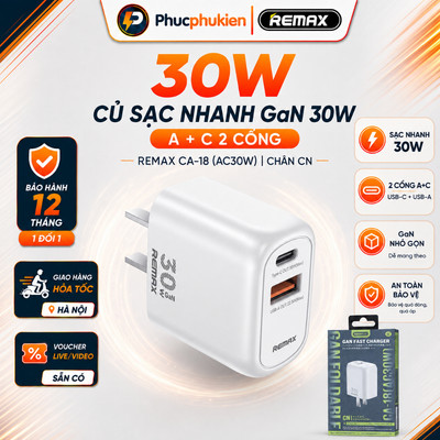 Củ sạc GaN 2 cổng usb + type c Remax CA18 sạc nhanh PD 30w cho 17 seris trở xuống - Phúc Phụ Kiện
