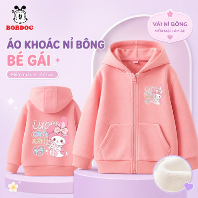 Áo hoodie zip bé gái BOBDOG, áo khoác mùa đông cho bé chất liệu nỉ bông dày dặn in hình dễ thương