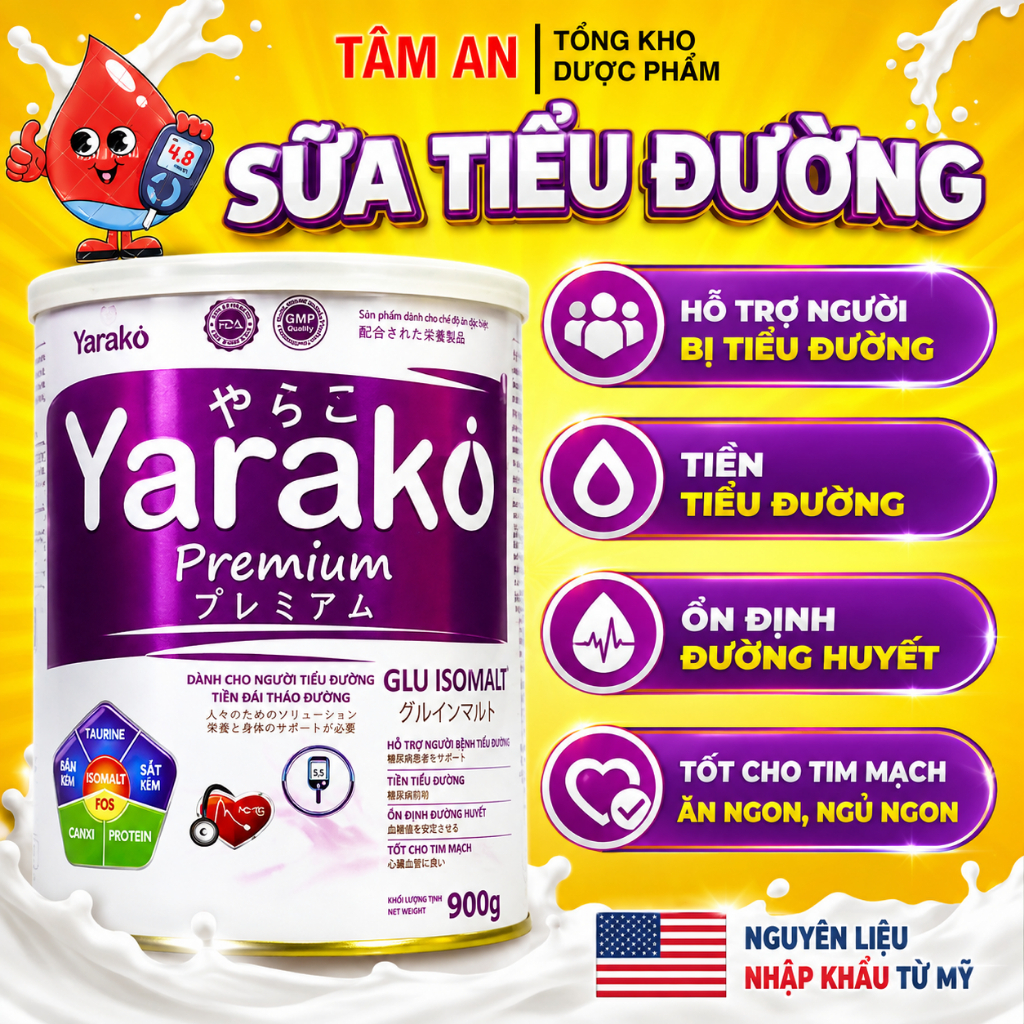 Sữa bột tiểu đường YARAKO PREMIUM GLU ISOMALT, Dinh Dưỡng Cho Người Tiểu Đường, Tiền Đái Tháo Đường