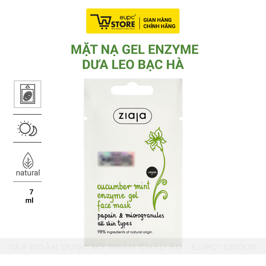 Mặt nạ gel enzyme chiết xuất Dưa Leo Bạc Hà Ziaja Cucumber Mint Enzyme Gel Face Mask 7ml - Cấp ẩm, l