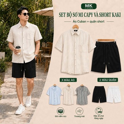 Combo Áo Sơ Mi Kẻ Capy + Quần short kaki Excool MKCLEVER set bộ nam mùa hè thoáng mát, form dáng thoải mái, trẻ trung