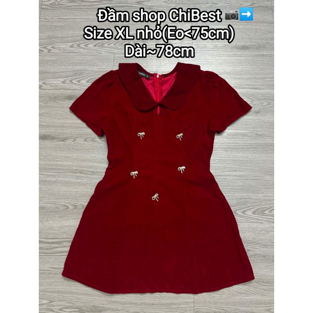 Pas Đầm nhung tiệc đỏ shop CHIBEST đính đá nơ cổ sen tiểu thư size XL nhỏ(eo dưới 75cm)hotgirl xinh 