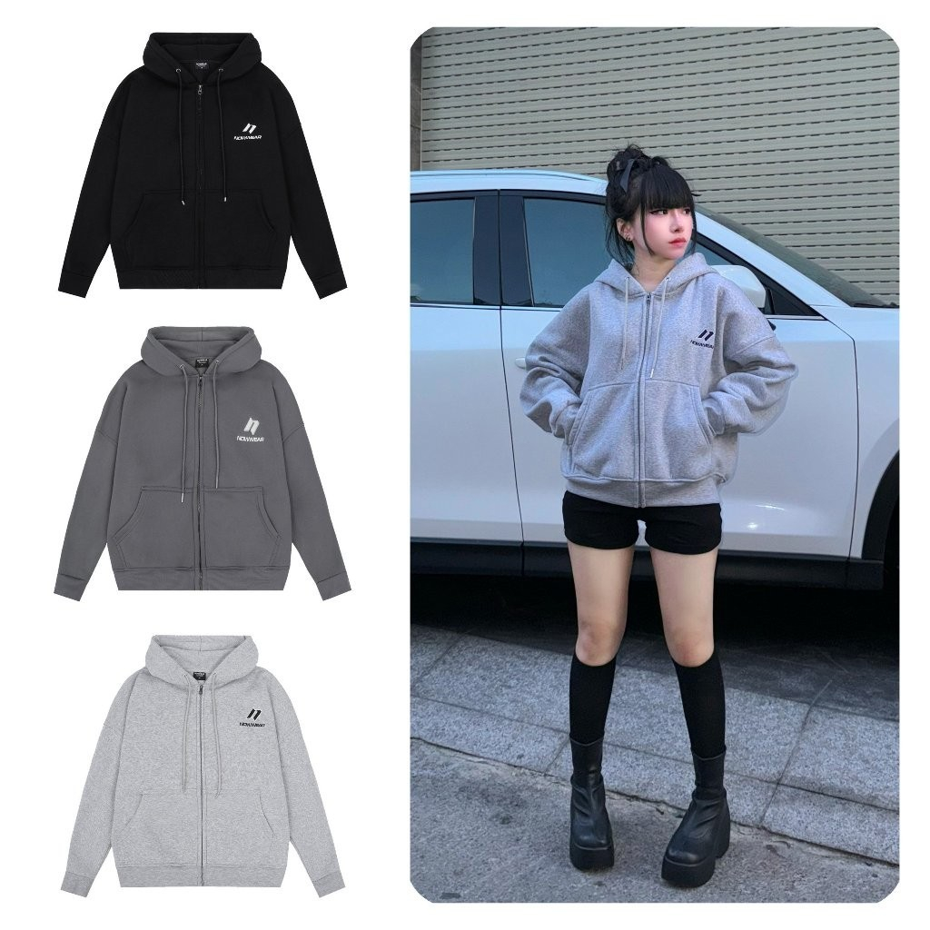 [Xả Kho] Áo khoác hoodie zip nỉ bông form Boxy Nowwear dày 350gsm Thêu Logo Unisex Nam Nữ Bo vải , m