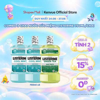 [MUA 3 TÍNH TIỀN 2] Combo 3 Chai Nước Súc Miệng Listerine 750ml/chai (2 Cool Mint Zero +1 Green Tea)