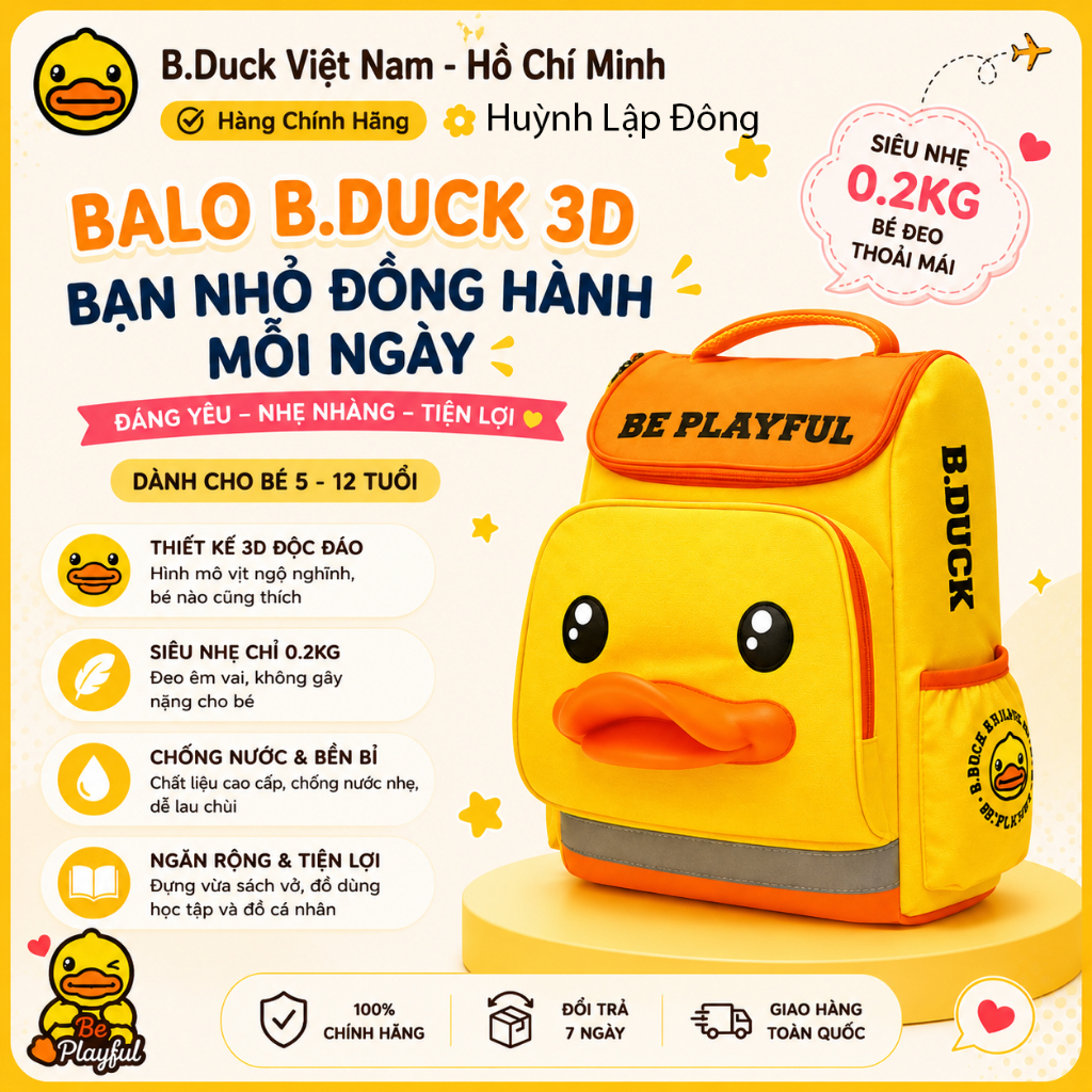 Balo B.Duck 3D Mỏ Vịt Cho Bé 5-12 Tuổi | Ba Lô Học Sinh Tiểu Học Chống Nước Nhẹ Balo Trẻ Em Nam Nữ