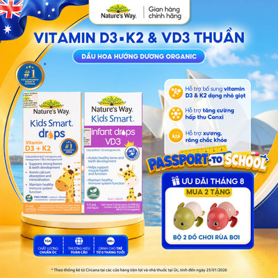 Vitamin D3, D3K2 Nature’s Way Kids Smart Drops Với Dầu Hoa Hướng Dương Organic Cho Trẻ Sơ Sinh