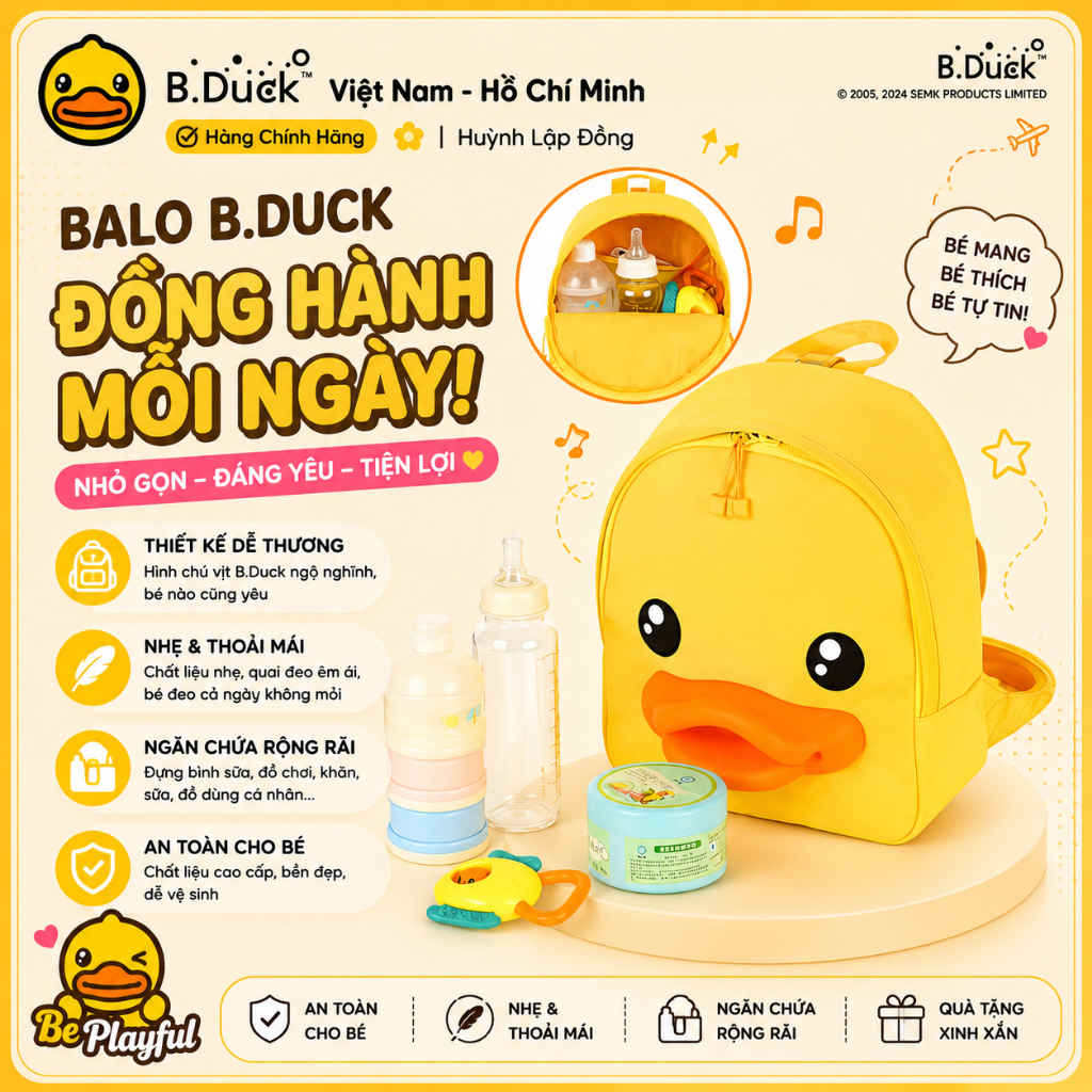 Balo Vịt Vàng B.Duck 3D Cho Bé – Ba Lô Hình Vịt Dễ Thương Chống Nước Nhẹ Êm Cho Bé Đi Học Đi Chơi