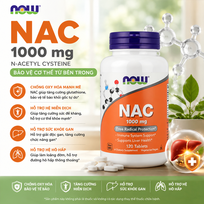 Viên Uống NAC 1000 mg 120 viên NOW Hỗ Trợ Giải Độc Gan, Tăng Sinh Glutathione, Tăng Cường Sức Khoẻ