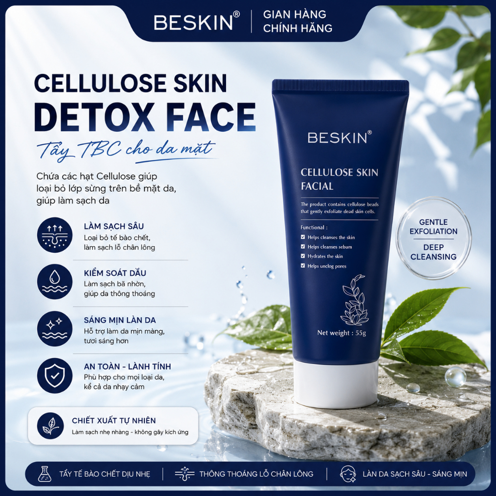 TẨY TẾ BÀO CHẾT CƠ HỌC CHO MẶT CELLULOSE DETOX SKIN - Thương hiệu: Beskin - Trọng lượng: 25g, 55g