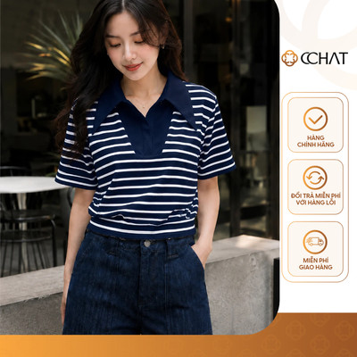 Áo Thun 𝐂𝐂𝐇𝐀𝐓 Dáng Ôm Kẻ Petal Cổ Phối Chất Liệu Mì Hàn Cao Cấp 16TNC8075GT