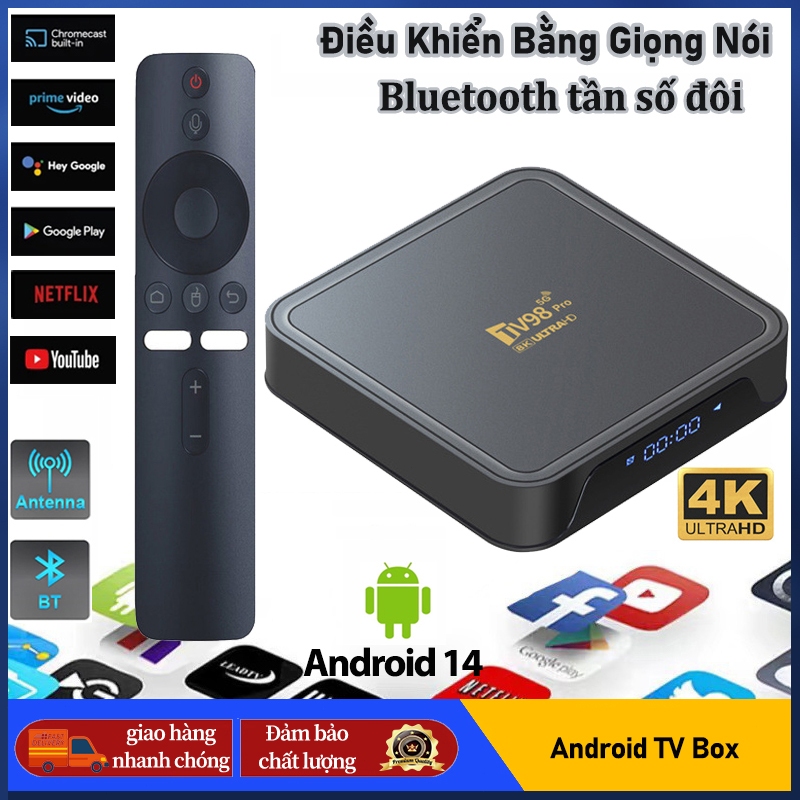 Android TV Box TV 98pro,Ram 8GB,Rom 128GB,Android 14.0,Dual Wifi 2.4 và 5Ghz,Kèm khiển giọng nói,Kết