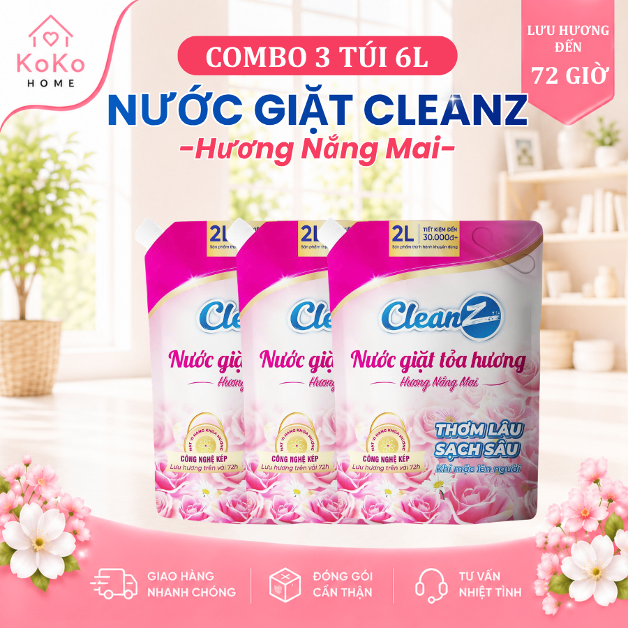 Combo 3 Túi Nước Giặt CleanZ Hương Nắng Mai 2L Nước Giặt Xả Thơm Lâu, Làm Sạch Quần Áo - Tổng 6L