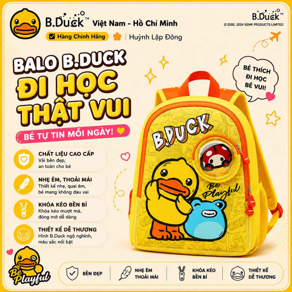 Balo B.Duck Trẻ Em 3-8 Tuổi Ba Lô Học Sinh Mẫu Giáo Tiểu Học Hình Vịt Dễ Thương Nhẹ Chống Nước