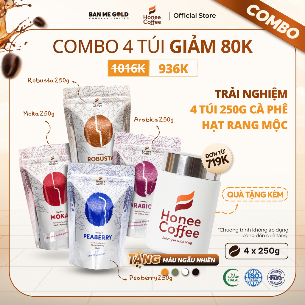 [TẶNG BÌNH] COMBO 4 Túi Cà Phê Nguyên Chất 100% Arabica/Robusta/Culi/Moka (250gr) Chính Hãng Ban Me 