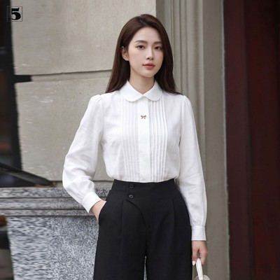 Áo sơ mi nữ Twentyfive công sở dài tay thanh lịch cổ sen xếp ly trước ngực cúc nẹp viền đính nơ AM70