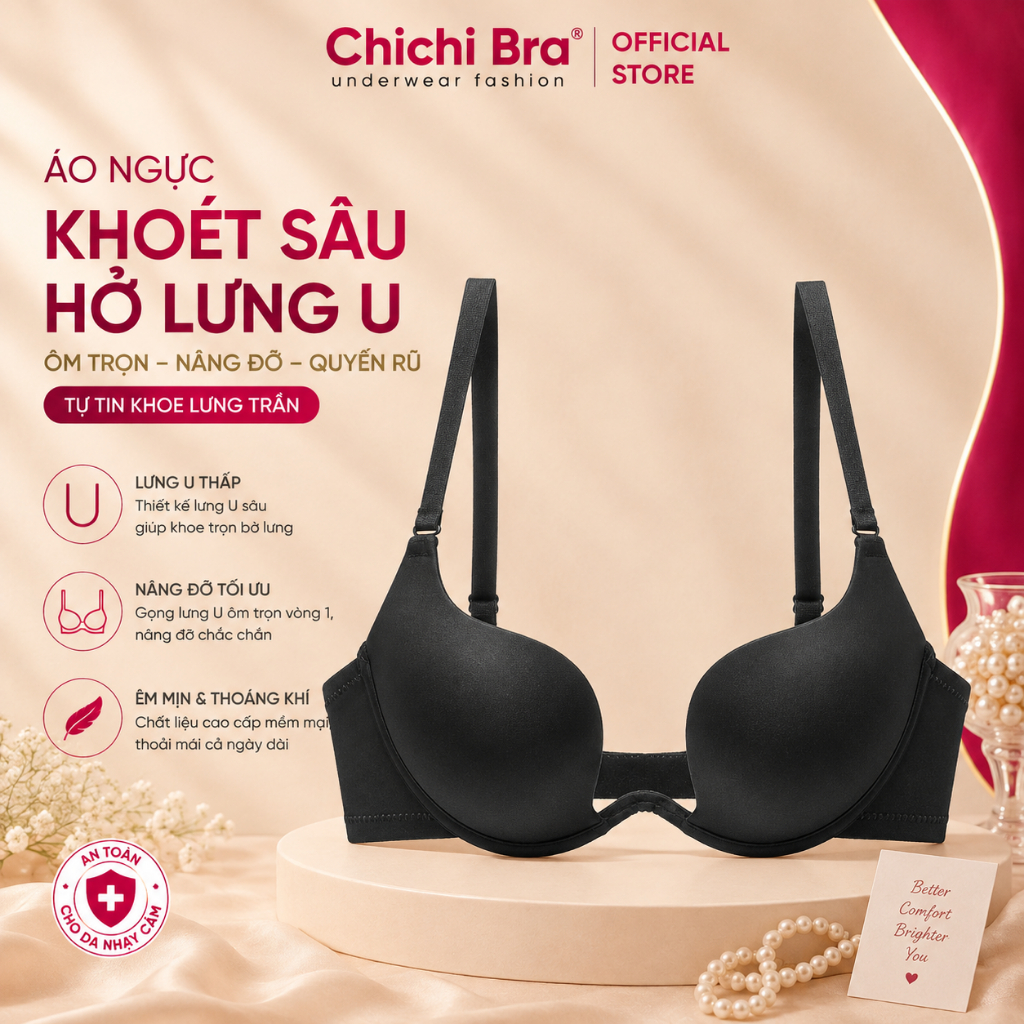 Áo Ngực Nữ Nâng Ngực Có Gọng Mặc Áo Hở Lưng Đệm Áo Dày 2.5cm Xẻ Ngực Xâu Tạo Khe Tự Nhiên Chichi Bra A7k