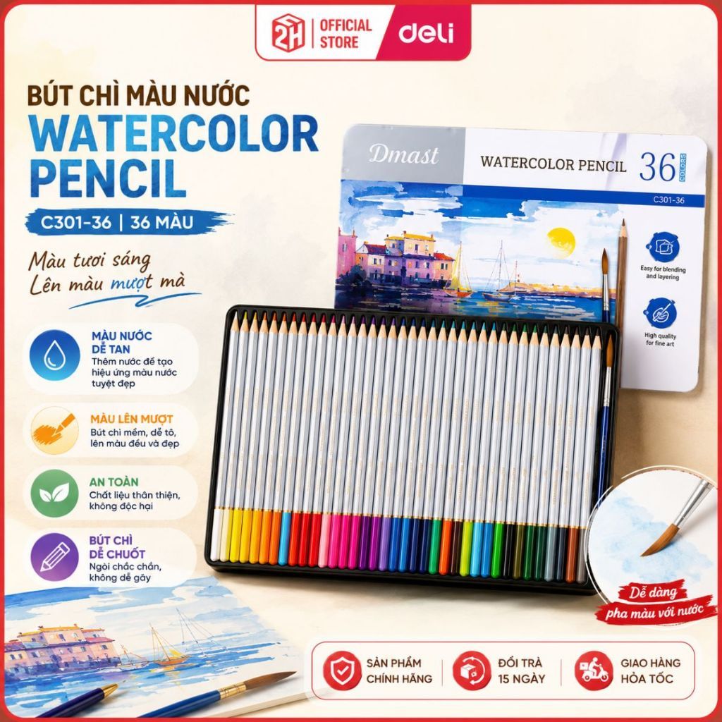 Bút Chì Màu Gốc Nước Dmast Cao Cấp, Chì Màu Hộp Thiếc Deli, Tô Vẽ Tranh Chuyên Nghiệp, Phác Họa, VPP