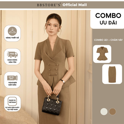 BBSTORE'S Áo Kiểu Công Sở Nữ Cotton Chéo Peplum Cổ V Sang Trọng AAF25B - Chân Váy Suông Công Sở Xẻ Tà Sau Có Túi VAF26A