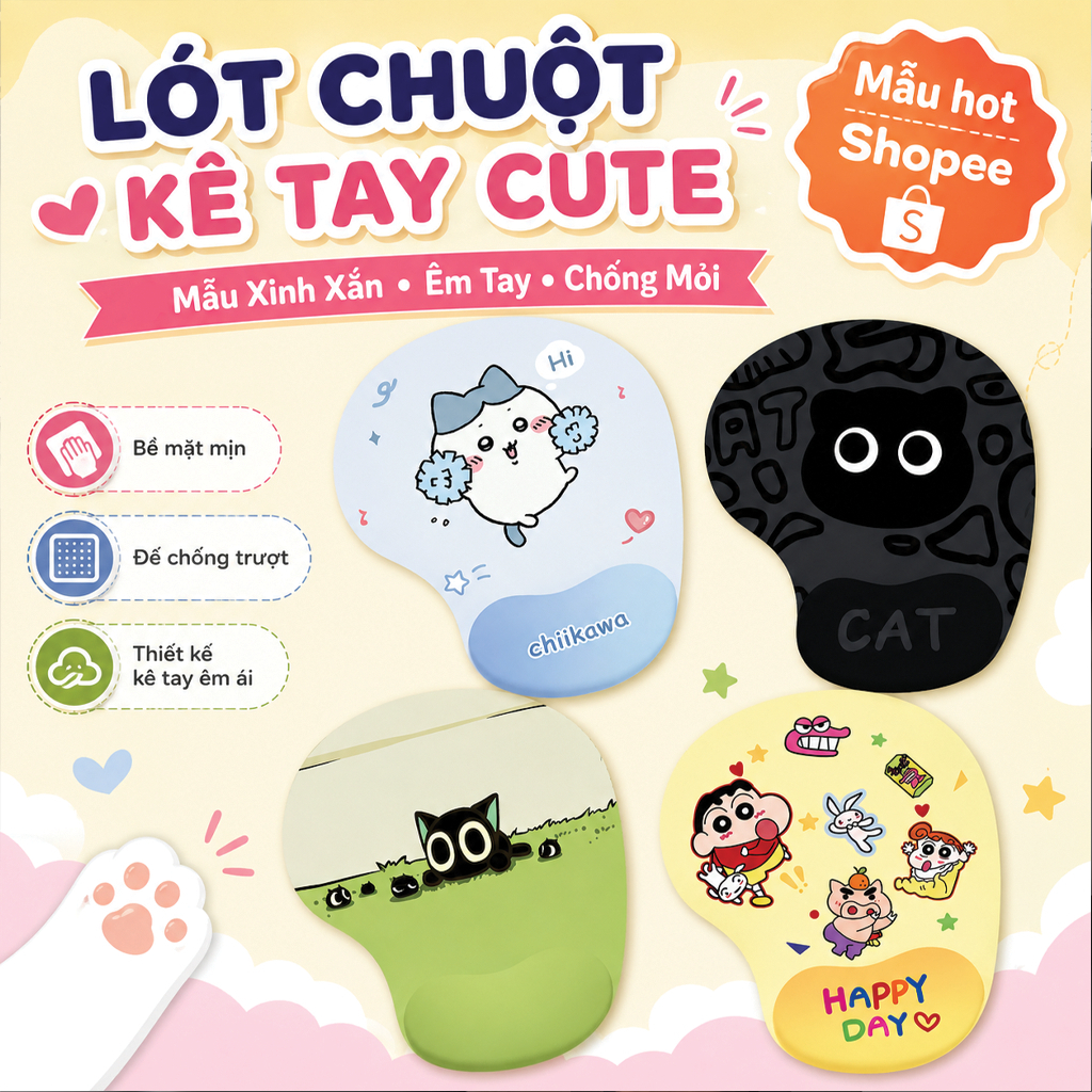 Lót chuột Oval đệm tay chống mỏi chất liệu silicon chống trơn trượt họa tiết…