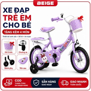 Xe đạp trẻ em 4 trong 1 màu tím nhạt, bánh phụ an toàn, giỏ trước tiện lợi, yên êm, chuông xe, yên sau cho bé 2–8 tuổi