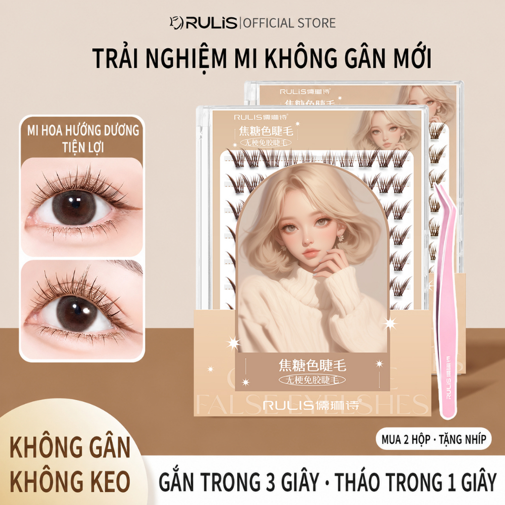 [99k/2 Hộp] RULIS Mi Giả Tự Dính 10H Caramel, Không Gân, Thỏ Cửu Vĩ, Đen Nhẹ Tự Nhiên tặng 1 nhíp/đơ