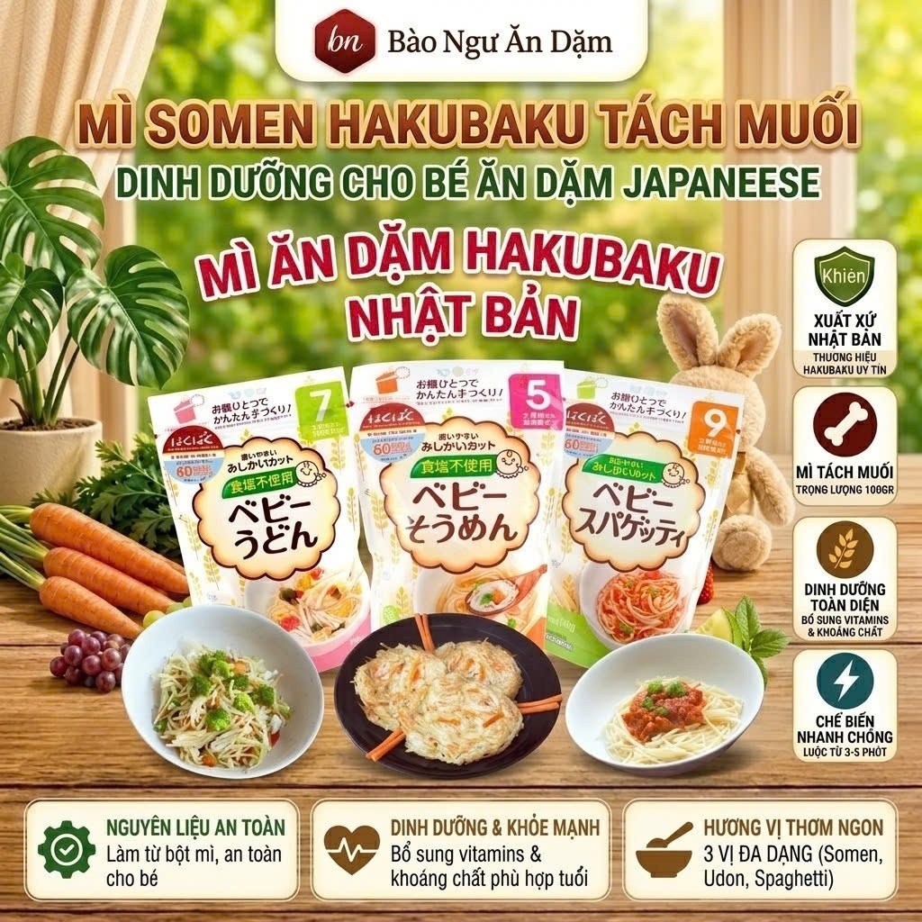 [LV] Mì Somen Tách Muối Cho Bé Ăn Dặm Hakubaku Nhật Mỳ Trẻ Em Itsuki // Nui xoắn rau củ Macaroni - M