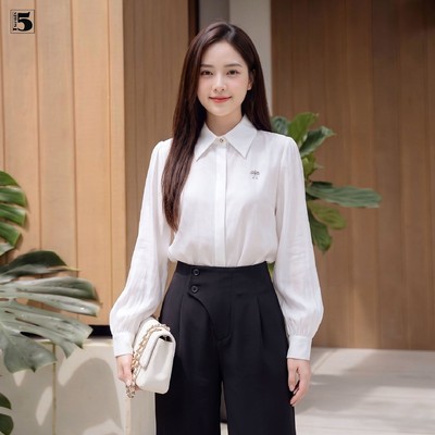 Áo sơ mi nữ Twentyfive công sở dài tay màu trắng basic vải tơ óng thanh lịch AM74
