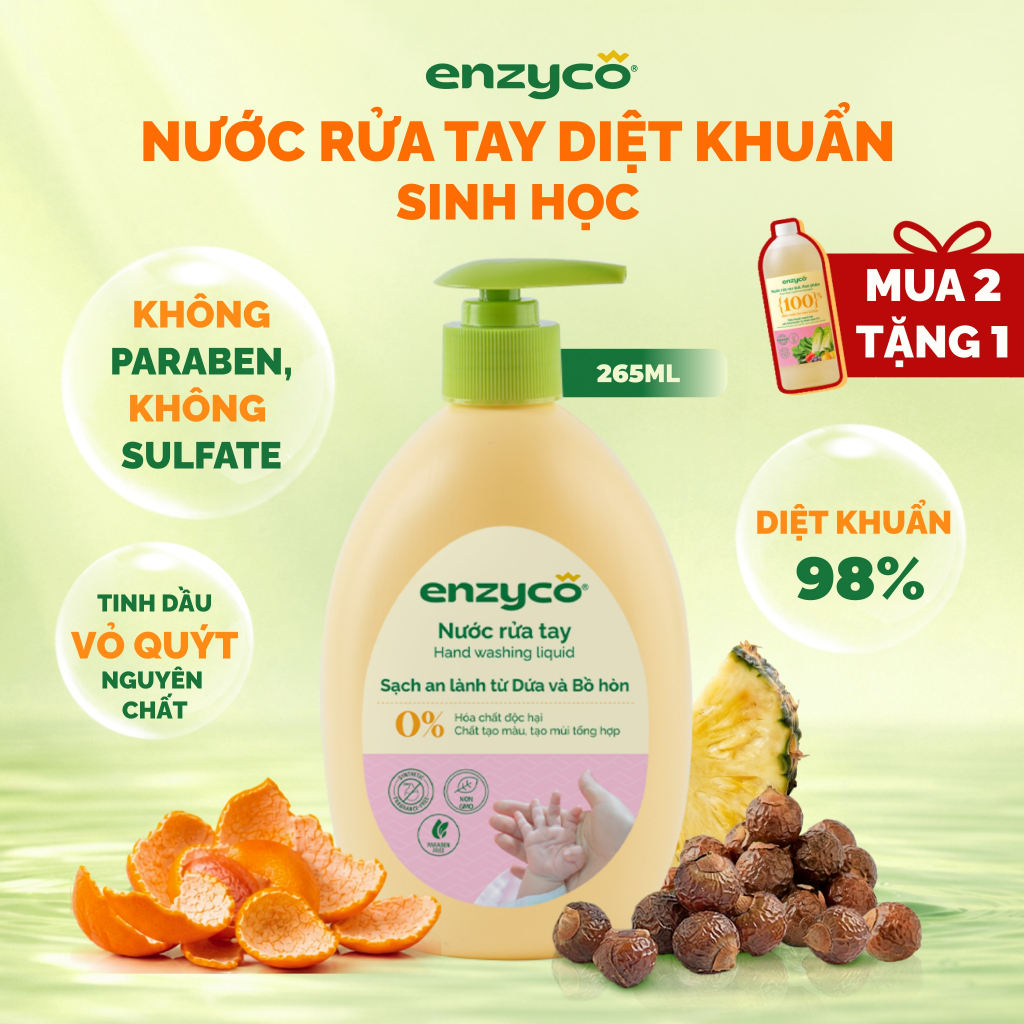 Nước Rửa Tay Diệt Khuẩn Sinh Học ENZYCO 265ML Giữ Ẩm Da Tay, An Toàn Cho Bé, Da Nhạy Cảm, Hương Vỏ Quýt, Thuần Chay