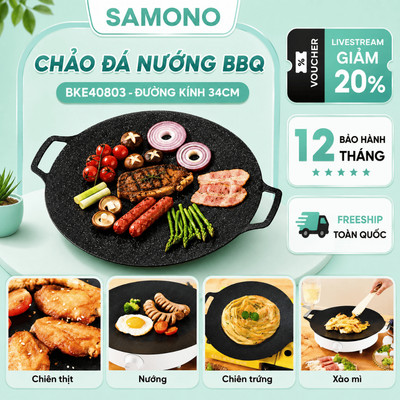 Samono Chảo nướng đá không dầu size 34cm chảo nướng thịt BBQ chống dính dùng được cho mọi loại bếp