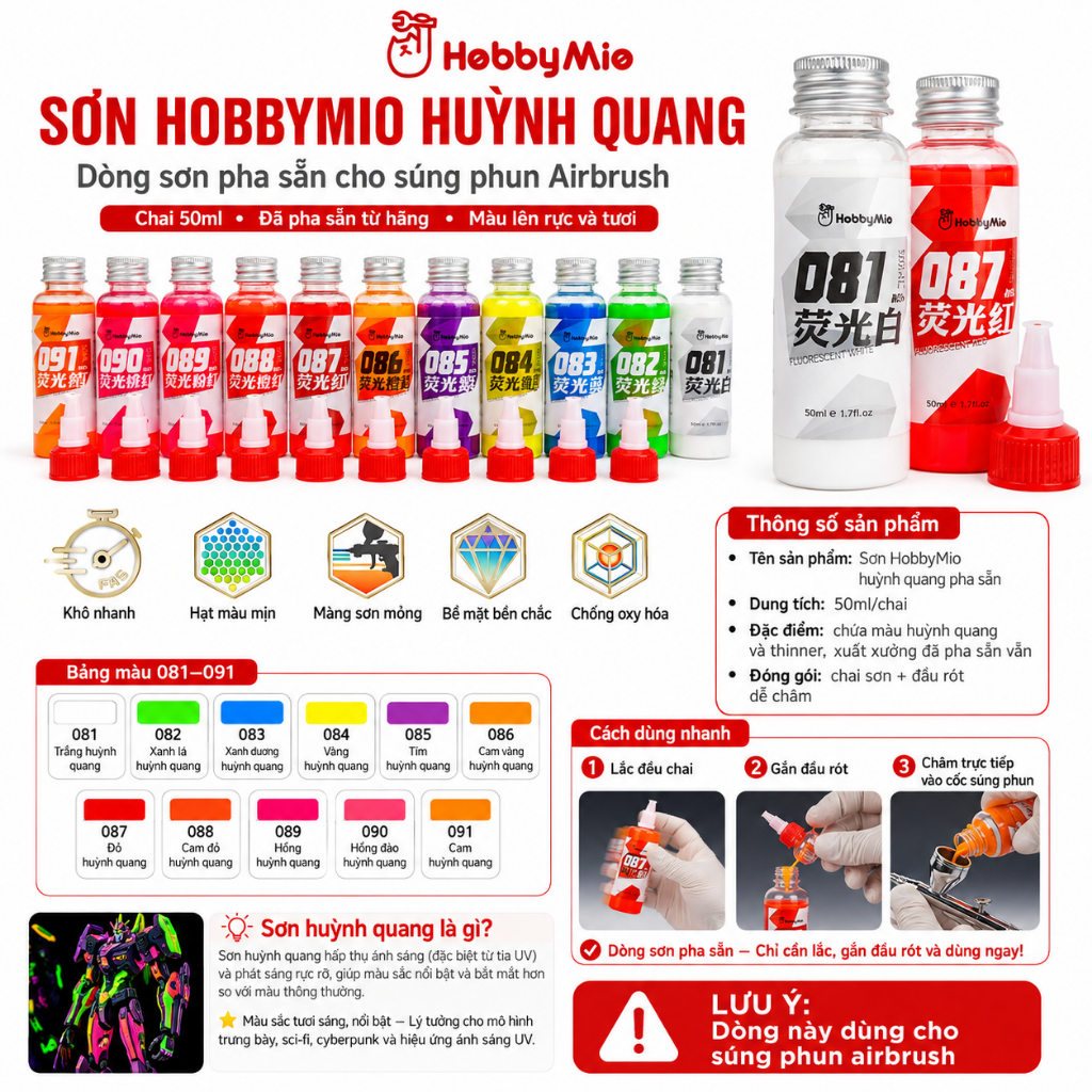 Màu Huỳnh Quang Hobby Mio 50ml – Màu Neon Fluorescent Sơn Airbrush Pre-thinned Cho Gundam Model Kit
