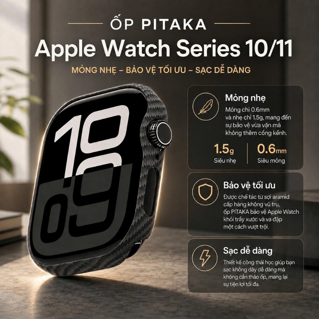 [Apple Watch Series 10/11] Ốp PITAKA Apple Watch Black/Gray - Mỏng Nhẹ, Bảo Vệ Đồng Hồ, Chống Trầy, 