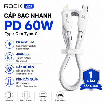 Cáp sạc nhanh IP ROCK Z23 PD 60W 3A truyền dữ liệu 480Mbps dây dù bện