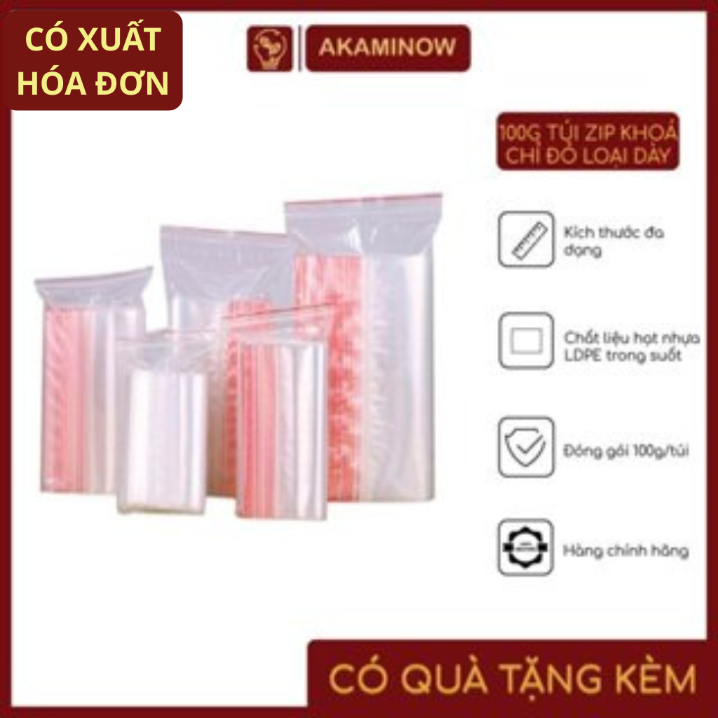 100g Túi zip chỉ đỏ (zip PE, zip lock, zip viền đỏ)