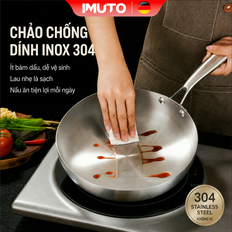 IMUTO Chảo inox chảo chống dính bếp từ Dung tích lớn Nhiều kích cỡ Dễ dàng vệ sinh