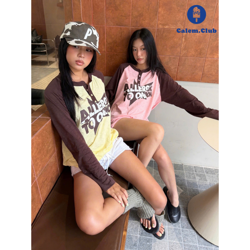 Calem.Club- Áo thun tay dài raglan ALLERGIC TO ONION áo kiểu form rộng unisex nam nữ vải thun xược t