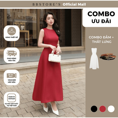 BBSTORE'S Đầm Dự Tiệc Nữ Dài Form Xòe Chữ A Cổ Tròn Sát Nách Thanh Lịch D4253A - Thắt Lưng Da Logo Kim Loại BB TK4094