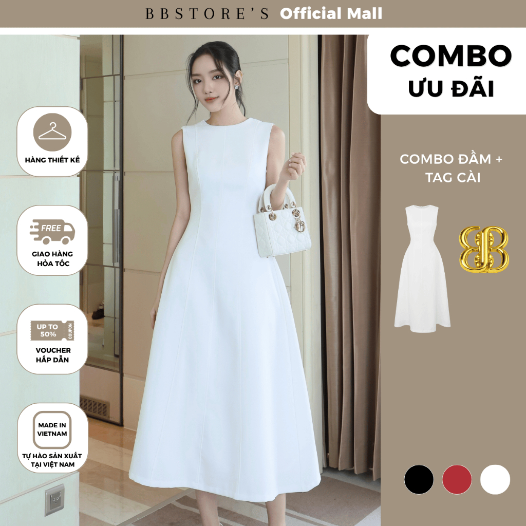BBSTORE'S Đầm Dự Tiệc Nữ Dài Form Xòe Chữ A Cổ Tròn Sát Nách Thanh Lịch D4253A - Tag Cài Kim Loại Lo