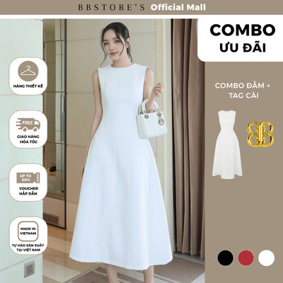 BBSTORE'S Đầm Dự Tiệc Nữ Dài Form Xòe Chữ A Cổ Tròn Sát Nách Thanh Lịch D4253A - Tag Cài Kim Loại Logo BB TAE09V
