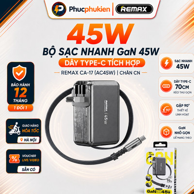 Bộ sạc GaN 45w Remax CA17 dây rút 70cm sạc macbok và sạc nhanh 40w cho 17 seris - Phúc Phụ Kiện