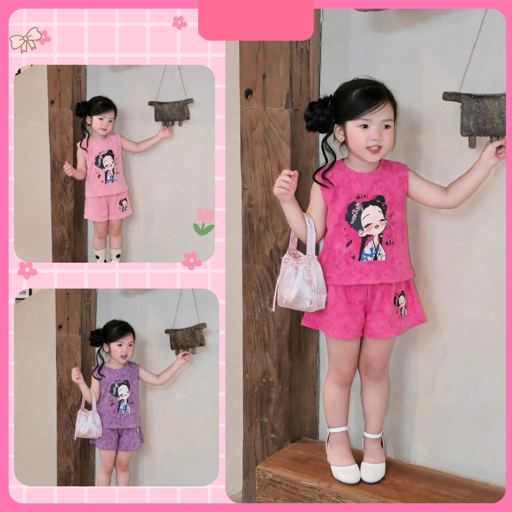 Set áo ba lỗ kèm quần đùi, set bộ đùi bé gái in Cô Gái Tóc Xù quần áo bé gái mùa hè chất cotton