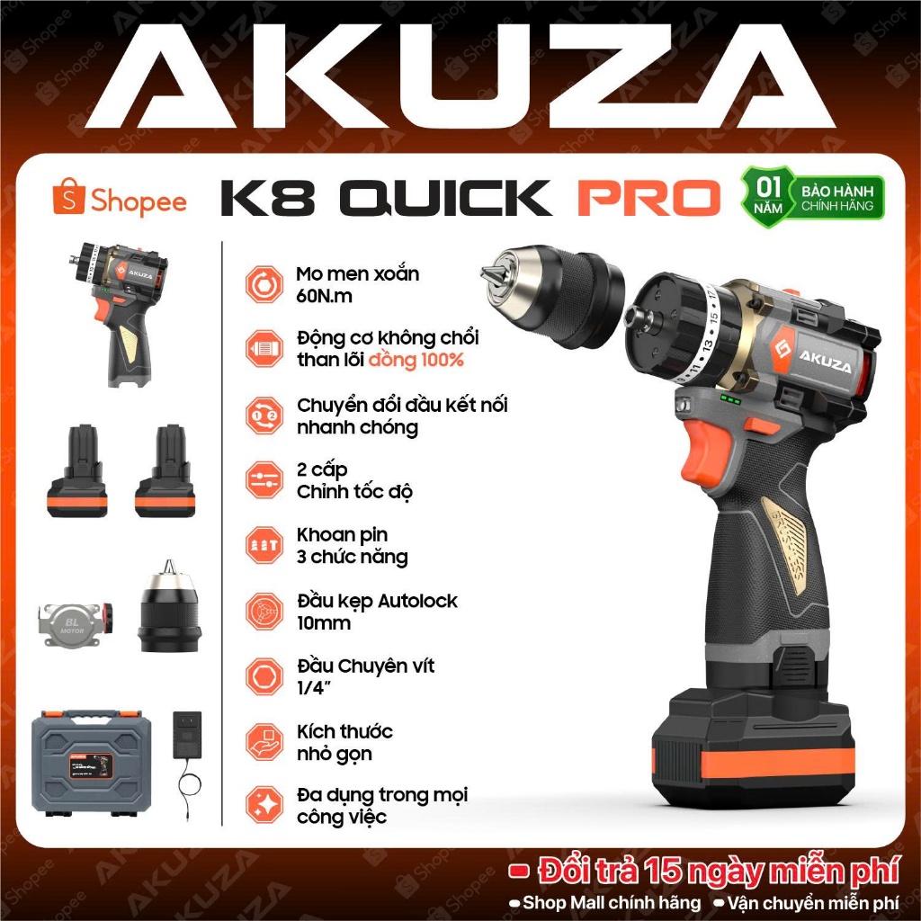 Máy Khoan AKUZA K8 QUICK PRO Có Búa- Khoan 16,8V Không Chổi Than Đầu Kẹp 10mm,Tặng bộ mũi vít