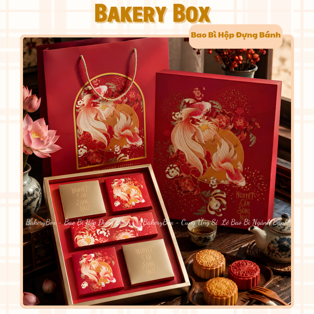 5 - 10 Hộp Trung Thu 4 Bánh Trà Nguyệt Cẩm Song Ngư, Hộp Đựng Bánh 150gr - 250gr (Mẫu Mới 2026)