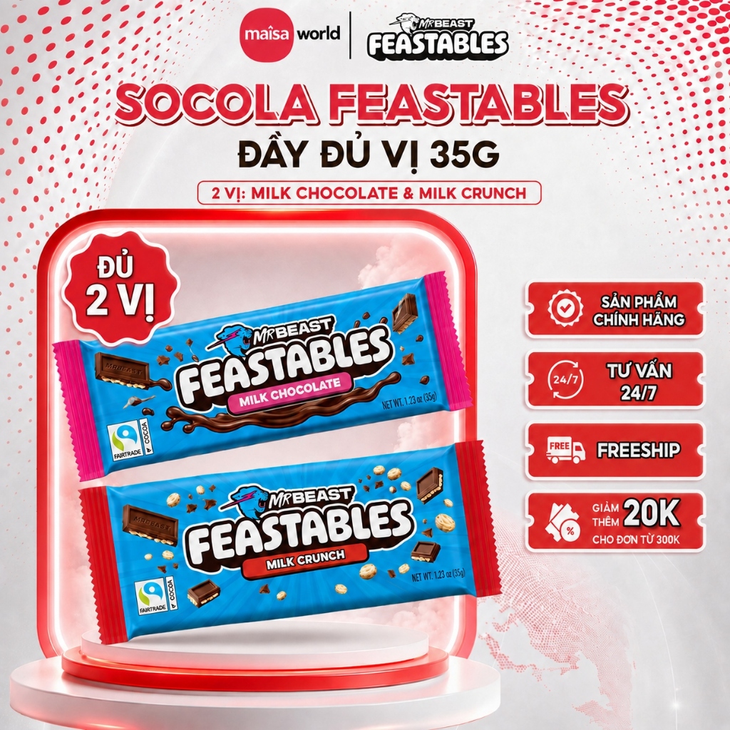 [Chính Hãng] Kẹo Socola Feastables MrBeast Phiên Bản Mới Đầy Đủ Vị Thanh 35g