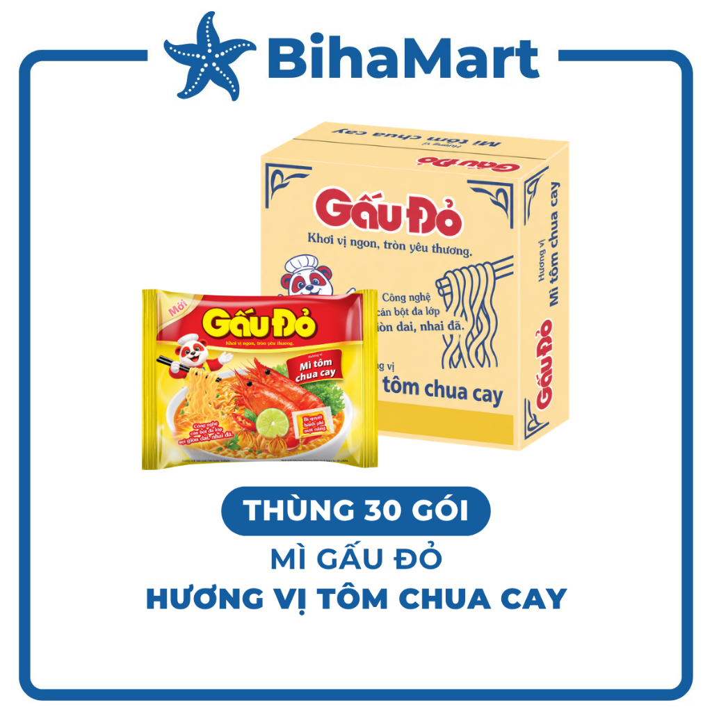 THÙNG30GÓI-ASIAFOODS- Mì Gấu Đỏ hương vị Tôm chua cay, Mì Tôm chua cay Gấu Đỏ, Mì gói ăn liền Gấu Đỏ
