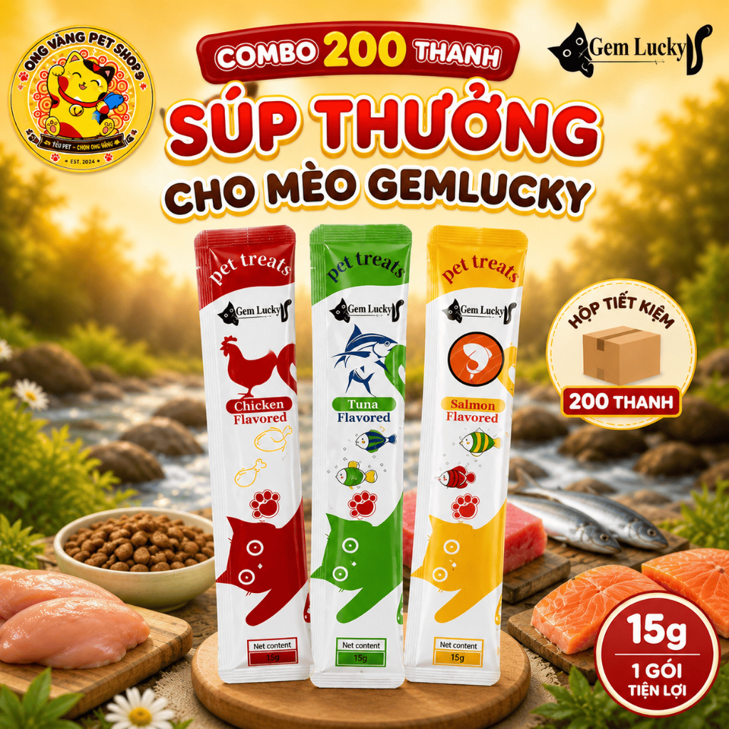 Combo 200 thanh Súp Thưởng Gemlucky Chất lượng đầy đủ dinh dưỡng giá tốt 15g dành cho mèo, Súp thưởn