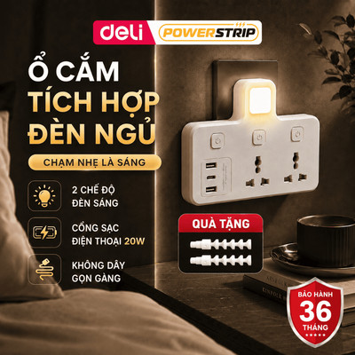 [MỞ BÁN] Ổ Điện Đa Năng Tích Hợp Đèn Ngủ, Ổ Chia Điện Chữ T Sạc Nhanh USB Type C 20W Đặt Đầu Giường